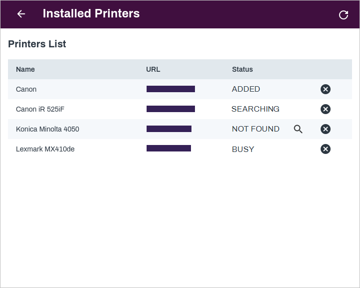 Installed Printers modal. Insalled Printers modal showing a list of printers with various status.