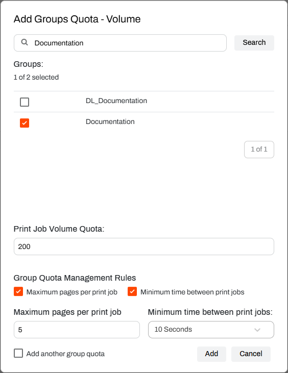 Admin Console showing Add Groups Quota modal. Admin Console showing Add Groups Quota modal.
