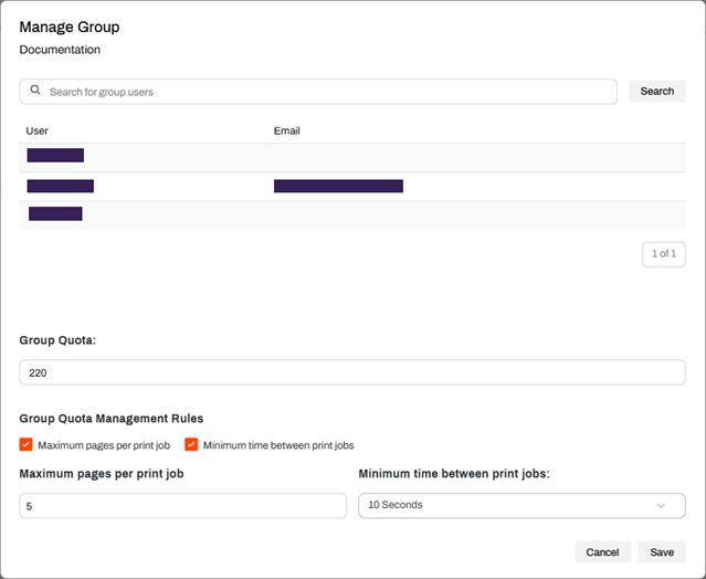 Admin Console showing Manage Group modal. Admin Console showing Manage Group modal.