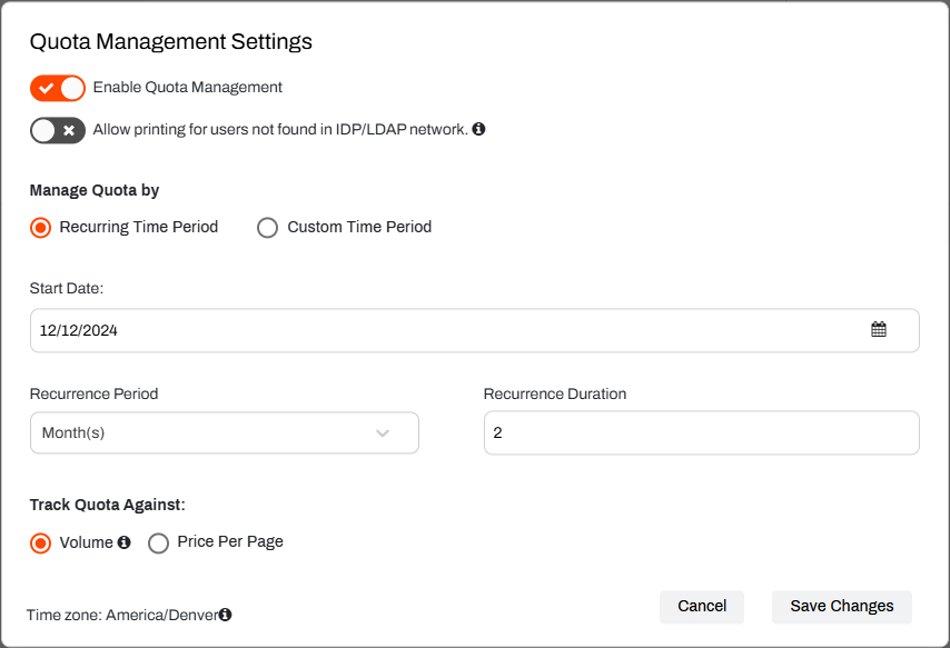 Admin Console showing Quota Management Settings modal. Admin Console showing Quota Management Settings modal.