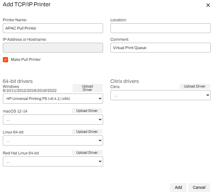 Admin Console showing Add TCP/IP Printer modal. Admin Console showing Add TCP/IP Printer modal.