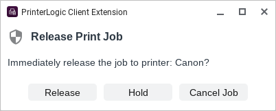 Release Print Job modal Release Print Job modal showing the printer name and the buttons to Release, Hold, or Cancel a job.
