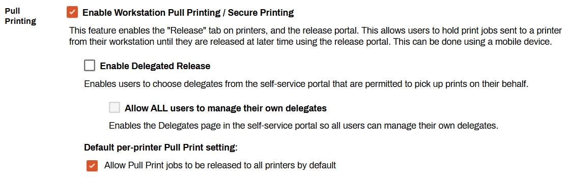 Admin Console showing Printing Configuration and Pull Printing section. Admin Console showing Printing Configuration and Pull Printing section.
