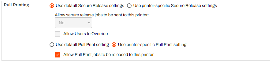Admin Console showing printer objects Printing tab and Pull Printing section. Admin Console showing printer objects Printing tab and Pull Printing section.