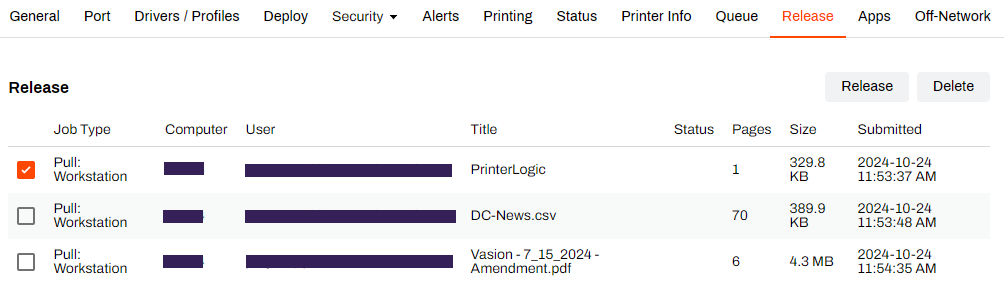 Admin Console showing printer object's Release tab and selected job. Admin Console showing printer object's Release tab and selected job.