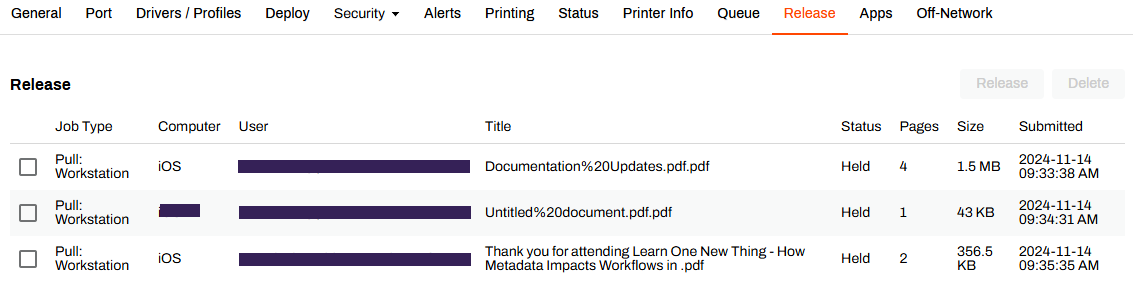 Admin Console showing printer object's Release tab. Admin Console showing printer object's Release tab.