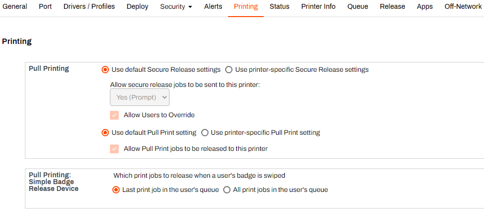 Admin Console showing printer object's Printing tab and Pull Printing: Simple Badge Release Device section. Admin Console showing printer object's Printing tab and Pull Printing: Simple Badge Release Device section.