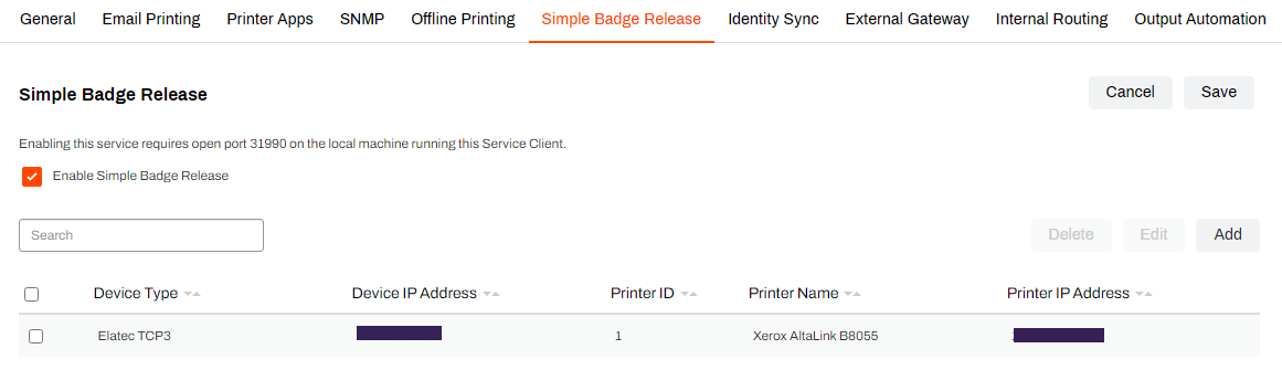 Admin Console showing Simple Badge Release tab and configured device. Admin Console showing Simple Badge Release tab and configured device.