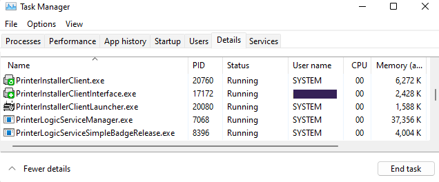 Task Manager showing Service Client services running. Task Manager showing Service Client services running.