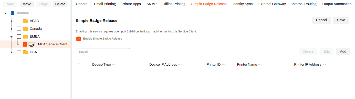 Admin Console showing Service Client's Simple Badge Release tab. Admin Console showing Service Client's Simple Badge Release tab.