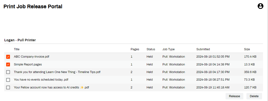 Release Portal Release portal showing two jobs selected from the queue list.