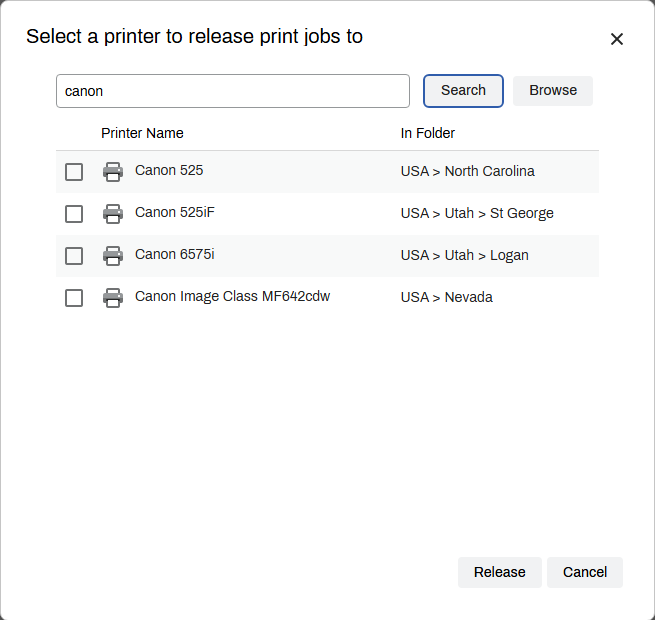 Select Printer to Release modal. Select a Printer to release print job to modal showing the search option and list of results.