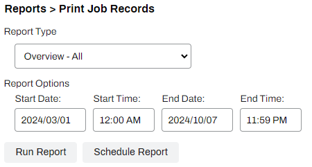 Filtering options for the Overview All report.