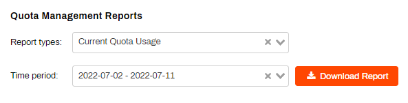 Quota Management Reports showing the Report Types and Time Period drop-downs to select the data and range, and also the Download Report button to the right.