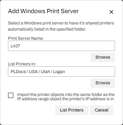 Add Windows print server modal