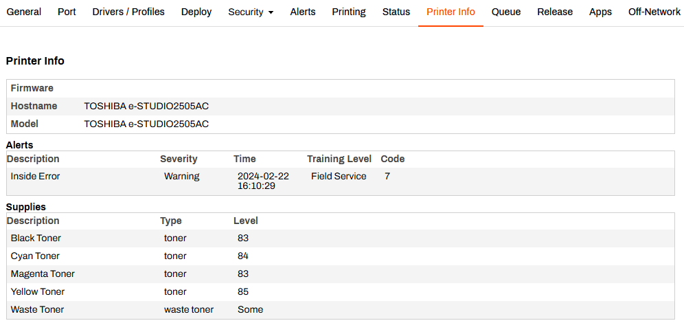 Admin Console showing printer object's Printer Info tab. Admin Console showing printer object's Printer Info tab.