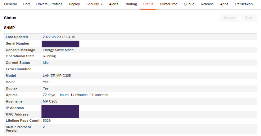 Admin Console showing printer object's Status tab. Admin Console showing printer object's Status tab.