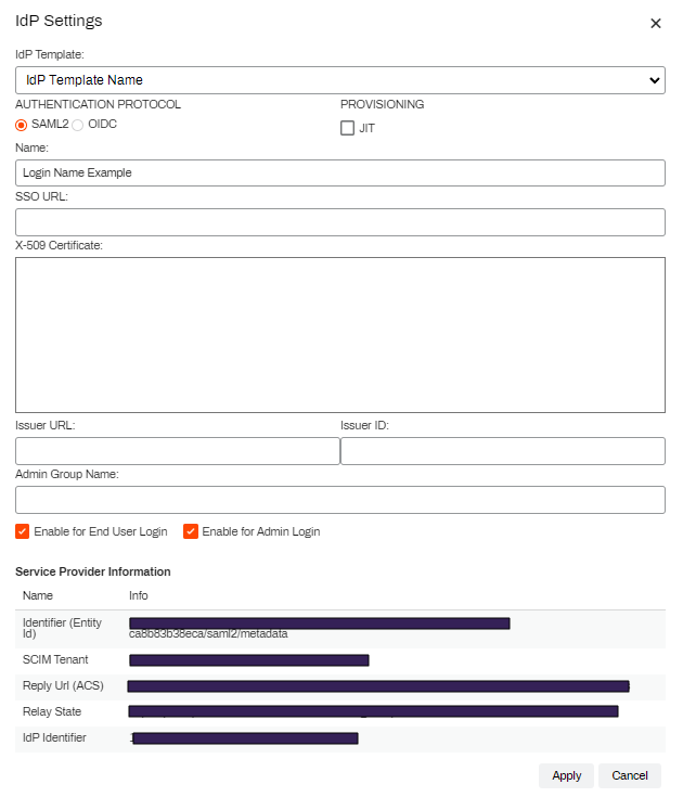 IdP Settings showing multiple fields and Service Provider Information section. IdP Settings showing multiple fields and Service Provider Information section.