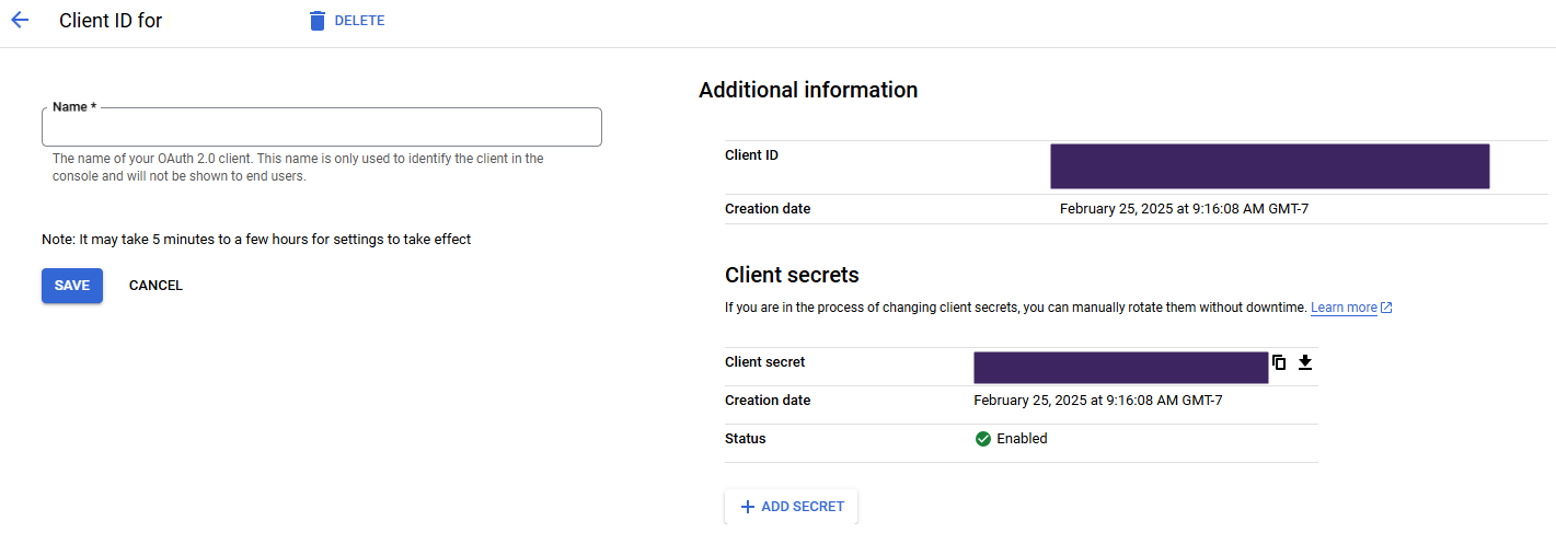 Google portal showing Client ID screen and Client ID and "Client secret" fields. Google portal showing Client ID screen and Client ID and "Client secret" fields.