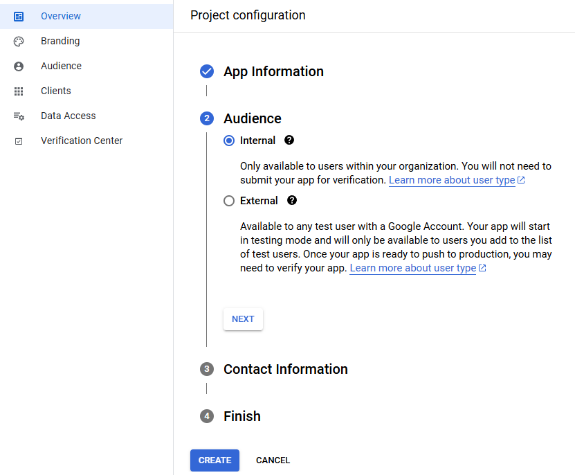 Google portal showing "Project configuration" modal and steps to configure app. Google portal showing "Project configuration" modal and steps to configure app.