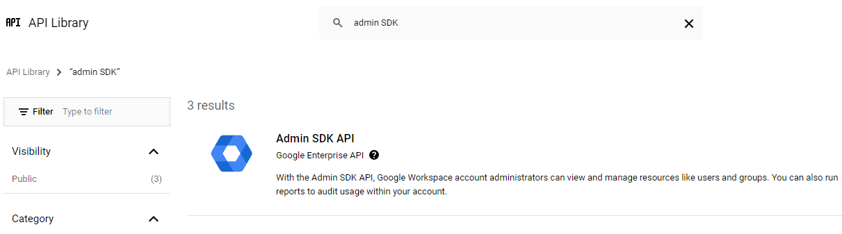 Google portal showing search and Admin SDK API result. Google portal showing search and Admin SDK API result.