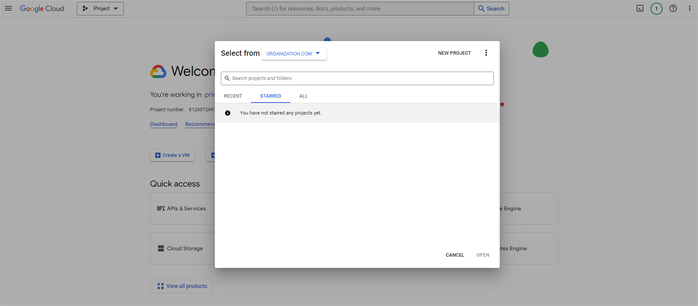 Google Cloud console showing Project dropdown menu and modal with New Project option. Google Cloud console showing Project dropdown menu and modal with New Project option.