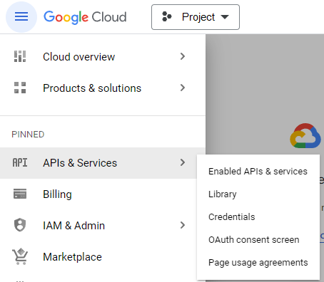 Google portal showing APIs & Services menu and "OAuth consent screen" option. Google portal showing APIs & Services menu and "OAuth consent screen" option.