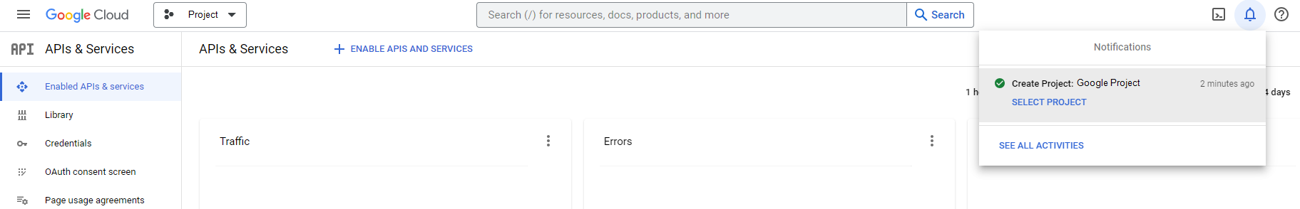 Google Cloud console showing Project menu and expanded Notifications section with project name and Select Project option. Google Cloud console showing Project menu and expanded Notifications section with project name and Select Project option.
