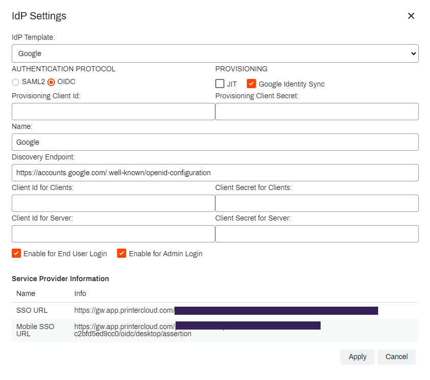 IdP Settings showing different fields and Service Provider Information section. IdP Settings showing different fields and Service Provider Information section.