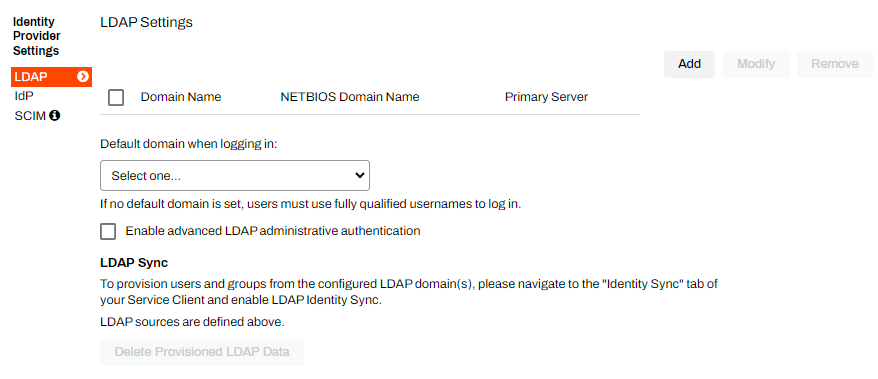 General settings showing Identity Provider Settings section with LDAP option and other options selected. General settings showing Identity Provider Settings section with LDAP option and other options selected.