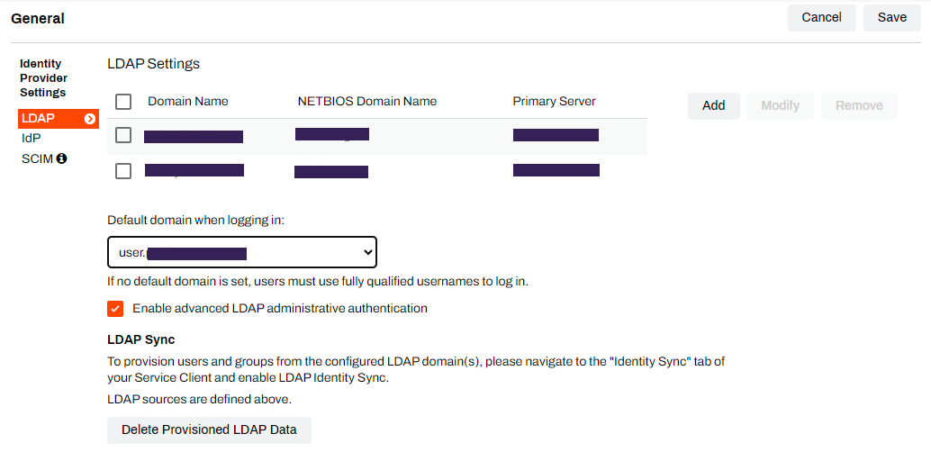 LDAP Settings showing default domain and "Enable advanced LDAP administrative authentication" option. LDAP Settings showing default domain and "Enable advanced LDAP administrative authentication" option.