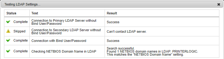 LDAP test results showing skipped result. LDAP test results showing skipped result.