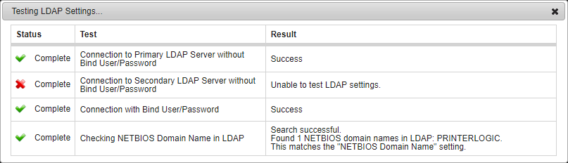 LDAP test results showing failed result. LDAP test results showing failed result.