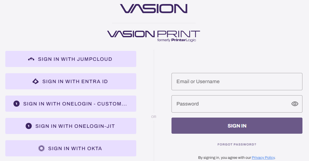 Vasion Automate login screen showing multiple IdP options. Vasion Automate login screen showing multiple IdP options.