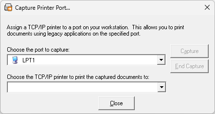 Capture Printer Port modal showing capture options. Capture Printer Port modal showing capture options.