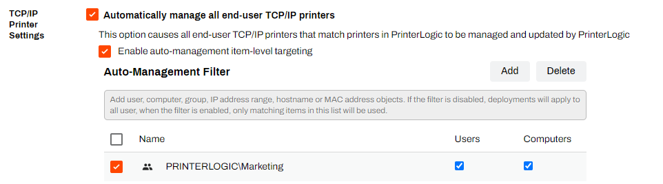 Admin Console showing TCP/IP Printer Settings section and Active Directory group in Auto-Management Filter section. Admin Console showing TCP/IP Printer Settings section and Active Directory group in Auto-Management Filter section.