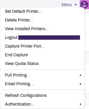 Self-service Portal showing expanded menu with Capture Printer Port and End Capture options. Self-service Portal showing expanded menu with Capture Printer Port and End Capture options.