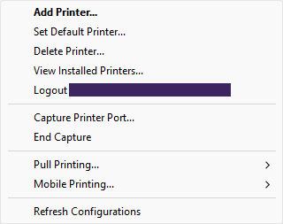 System tray menu showing Capture Printer Port and End Capture options. System tray menu showing Capture Printer Port and End Capture options.