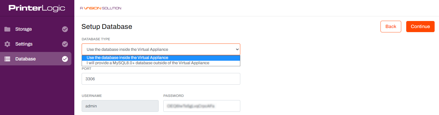 Database type drop-down with two database options. One for using the internal VA database, or an external MySQL8+ database.