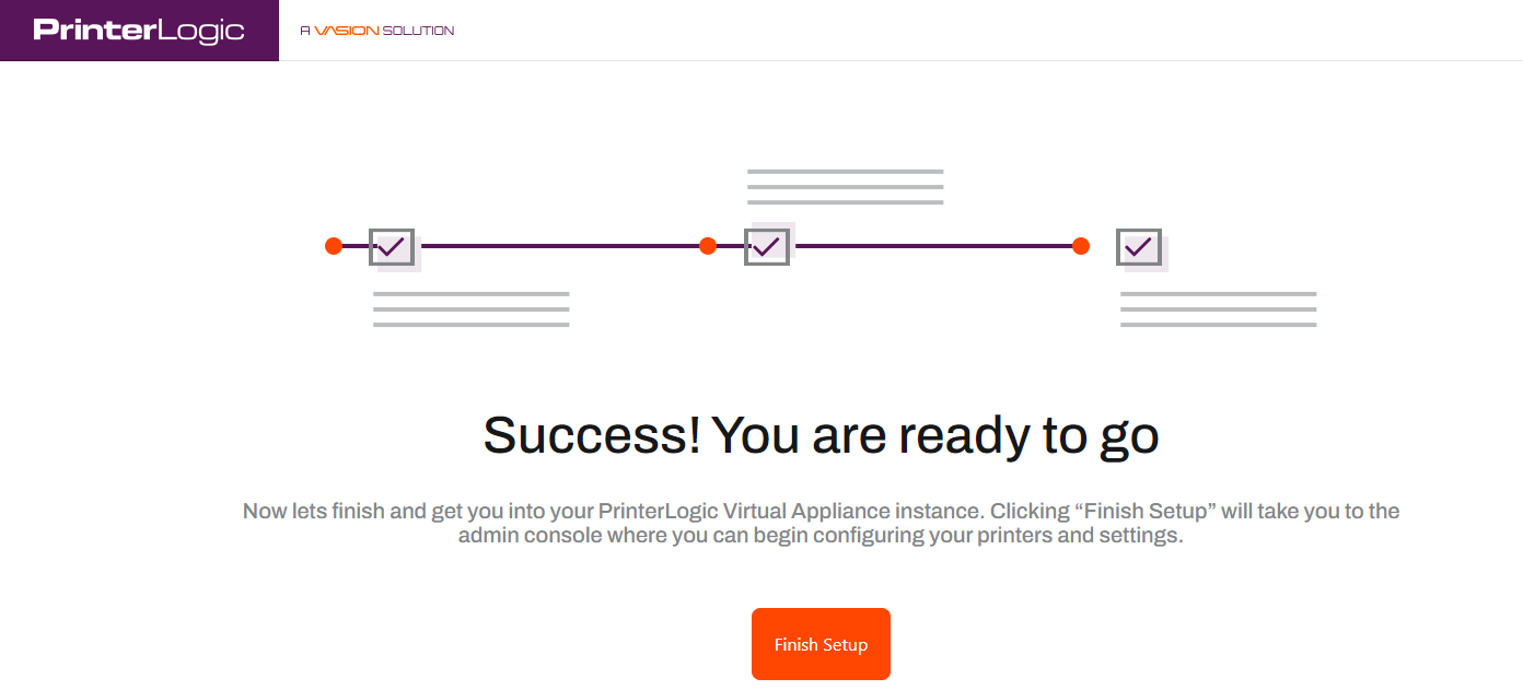VA Setup wizard window with an arrow pointing to the Finish Setup button in the lower middle.