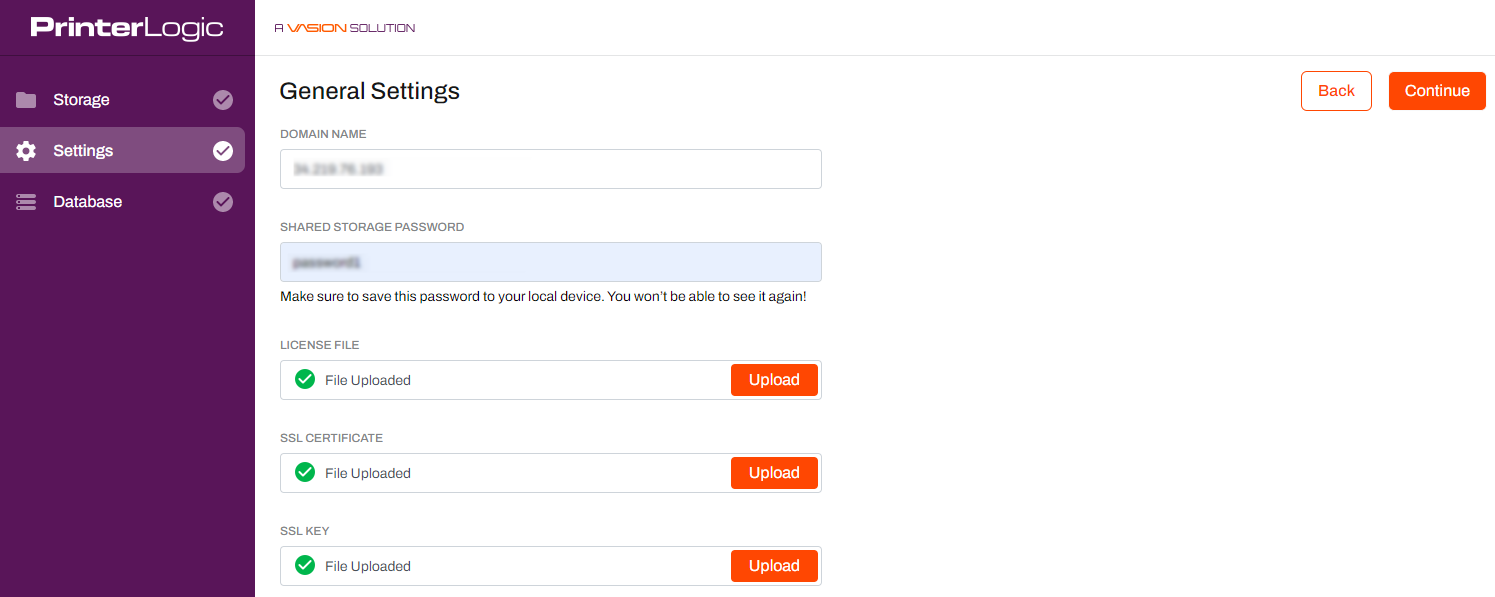 General settings tab in the wizard showing the domain name, shared storage password, and upload location for the license file, SSL certificate, and SSL Key.