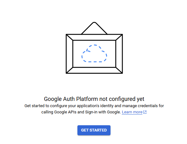 Google portal showing "OAuth consent" screen and Get Started button. Google portal showing "OAuth consent" screen and Get Started button.
