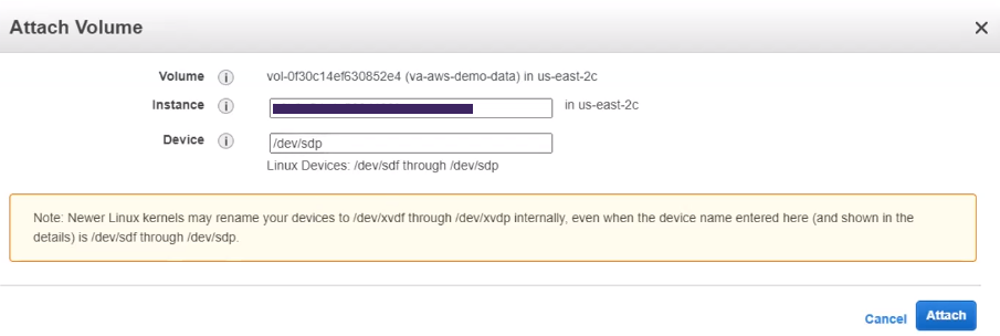 Attach Volume pop-up with the Device field highlighted and showing the /dev/sdp value.
