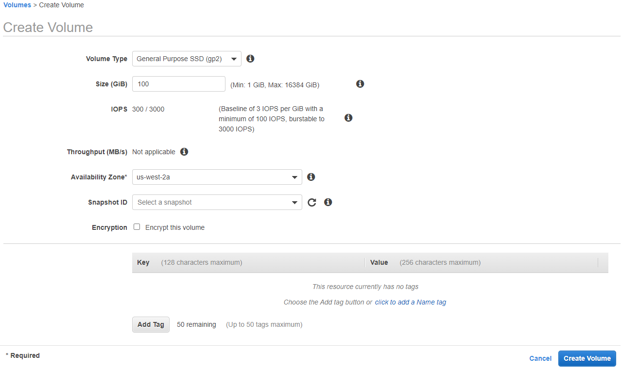 Create Volume window with an arrow pointing to the Click to add a Name Tag link in the lower middle.