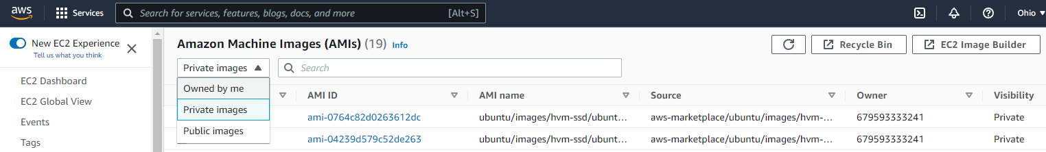 Private images option displayed in the AWS images sort drop-down.
