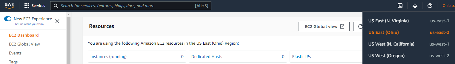 US East (Ohio) option in the AWS region menu options.