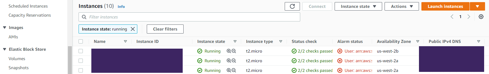 Instances window with an arrow pointing to the Volumes option in the AWS Elastic Block Store left-side menu section.