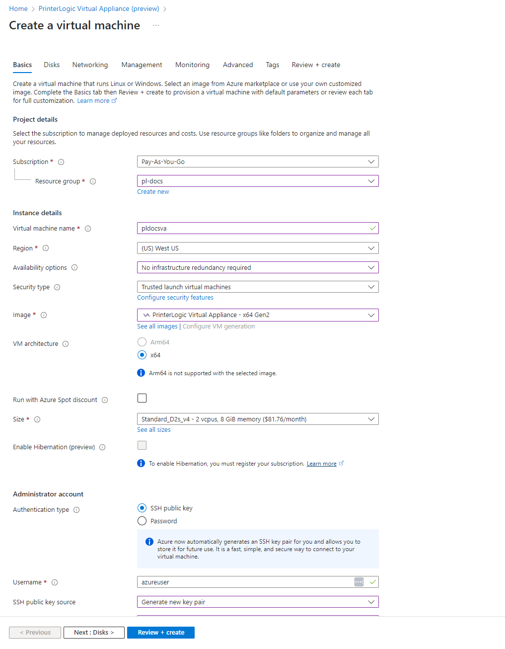 Basics tab and fields in the Create a Virtual Machine modal.