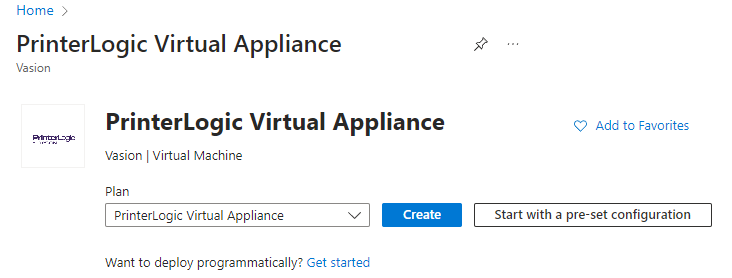 Virtual Appliance app in Azure and the Create button in the middle.