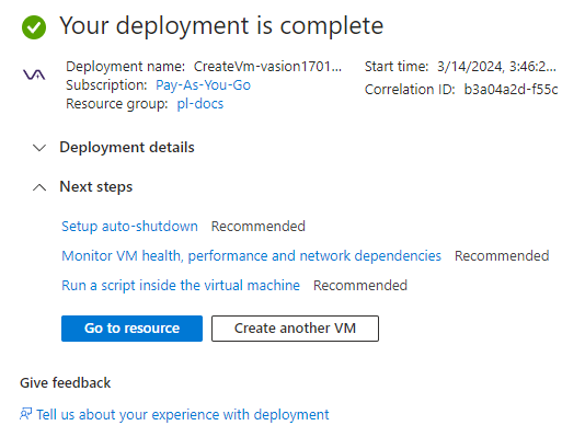 Deployment summary page including the Go to resource button.
